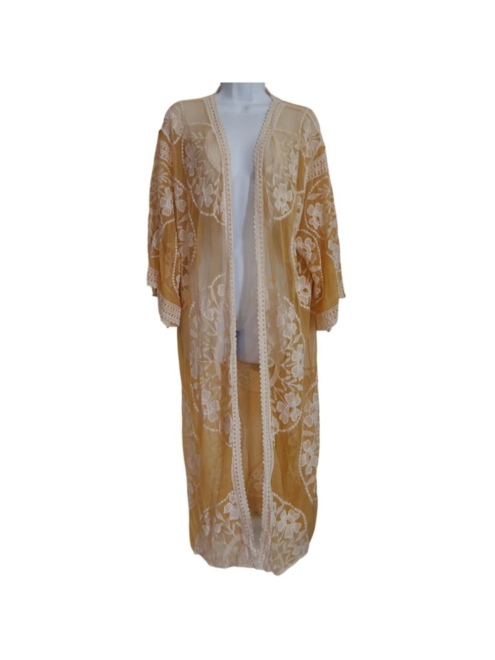 Womens Embroidered Mesh Kimono Golden Beach Festival Duster Sheer Floral OS